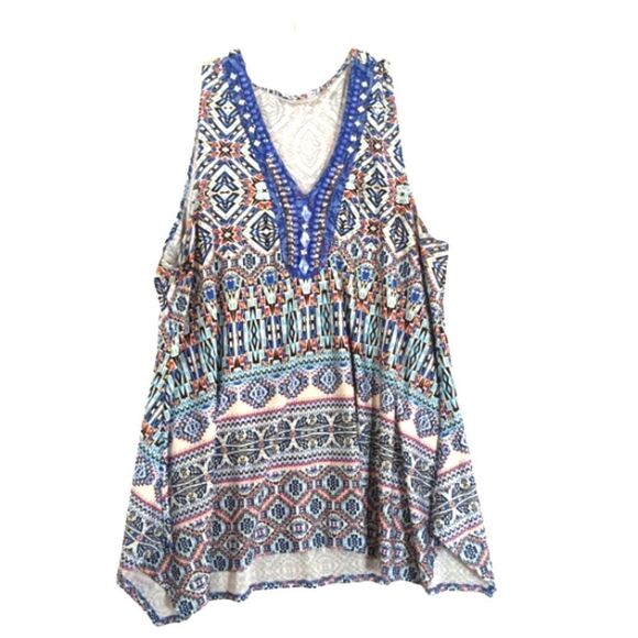 Vintage Sleeveless Blue Printed Rhinestone Beaded V Neck Shark Bite Boho Top 2X - Picture 1 of 5